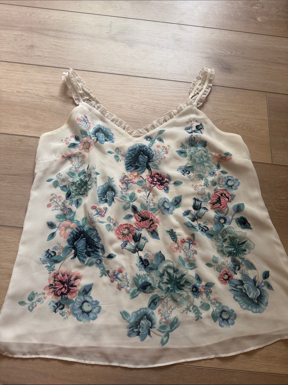 White House Black Market Ivory Floral Lace-Trim Camisole - Blue & Pink Flowers